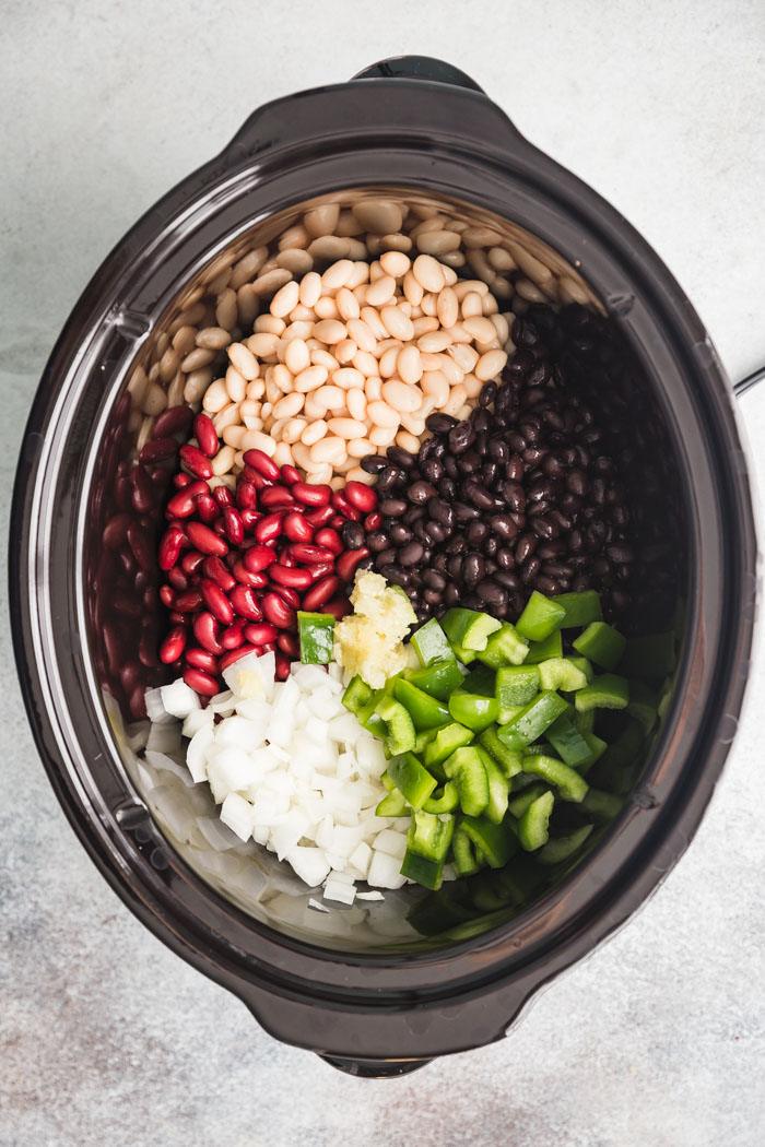 crockpot chili ingredients in a crockpot