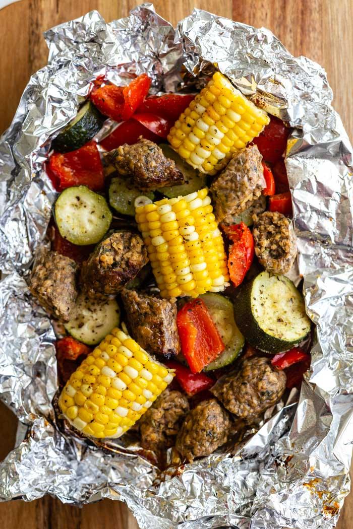 sausage and veggie in a foil pack