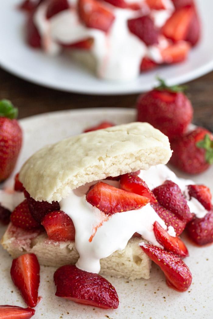 long-used strawberry shortcake topped with whipped cream and quartered strawberries