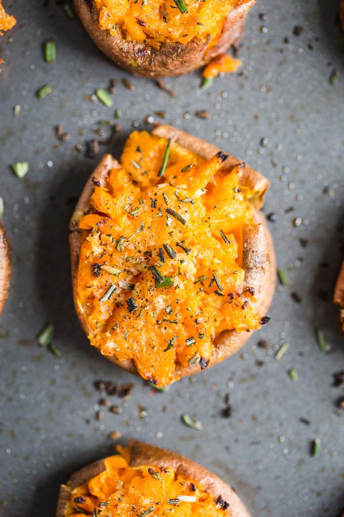 Garlic Smashed Sweet Potatoes from the Pantry