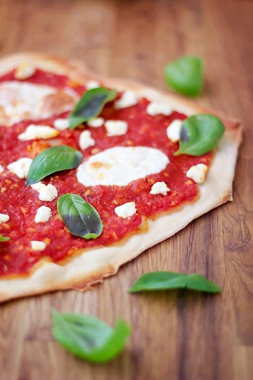 Goat Cheese Margherita Pizza on the Stove