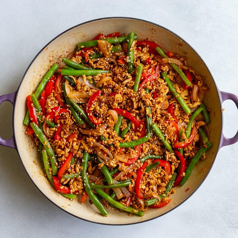 ground tofu stir fry in a large skillet