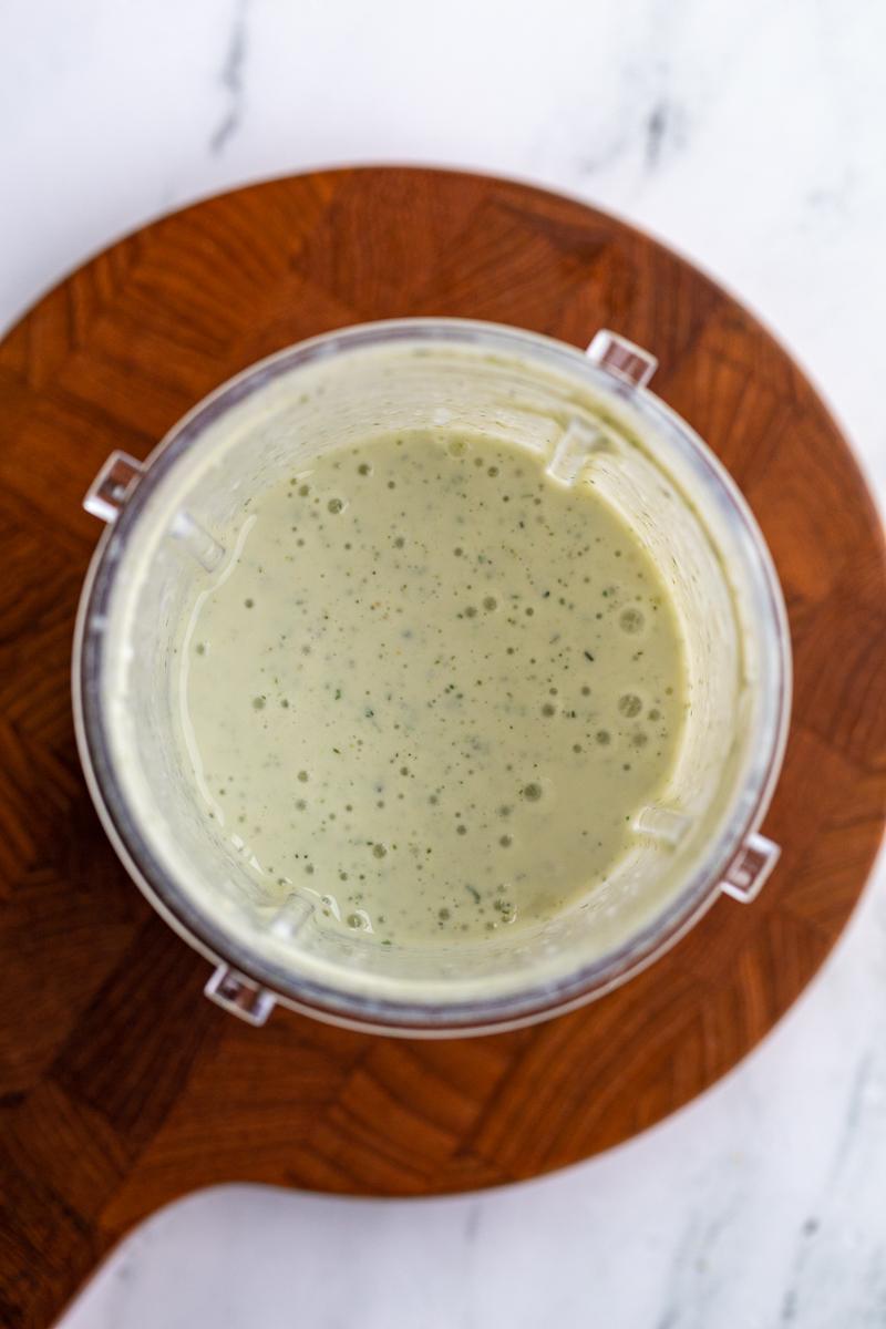 cottage cheese ranch in a blender after being blended