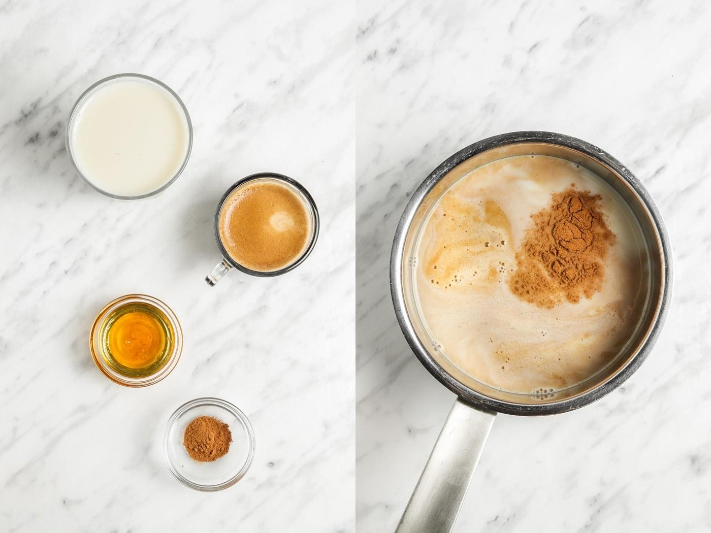 side by side images. Left image: ingredients for a latte including milk, coffee, cinnamon, and honey. Right image: all of those ingredients dumped into a stainless steal pot