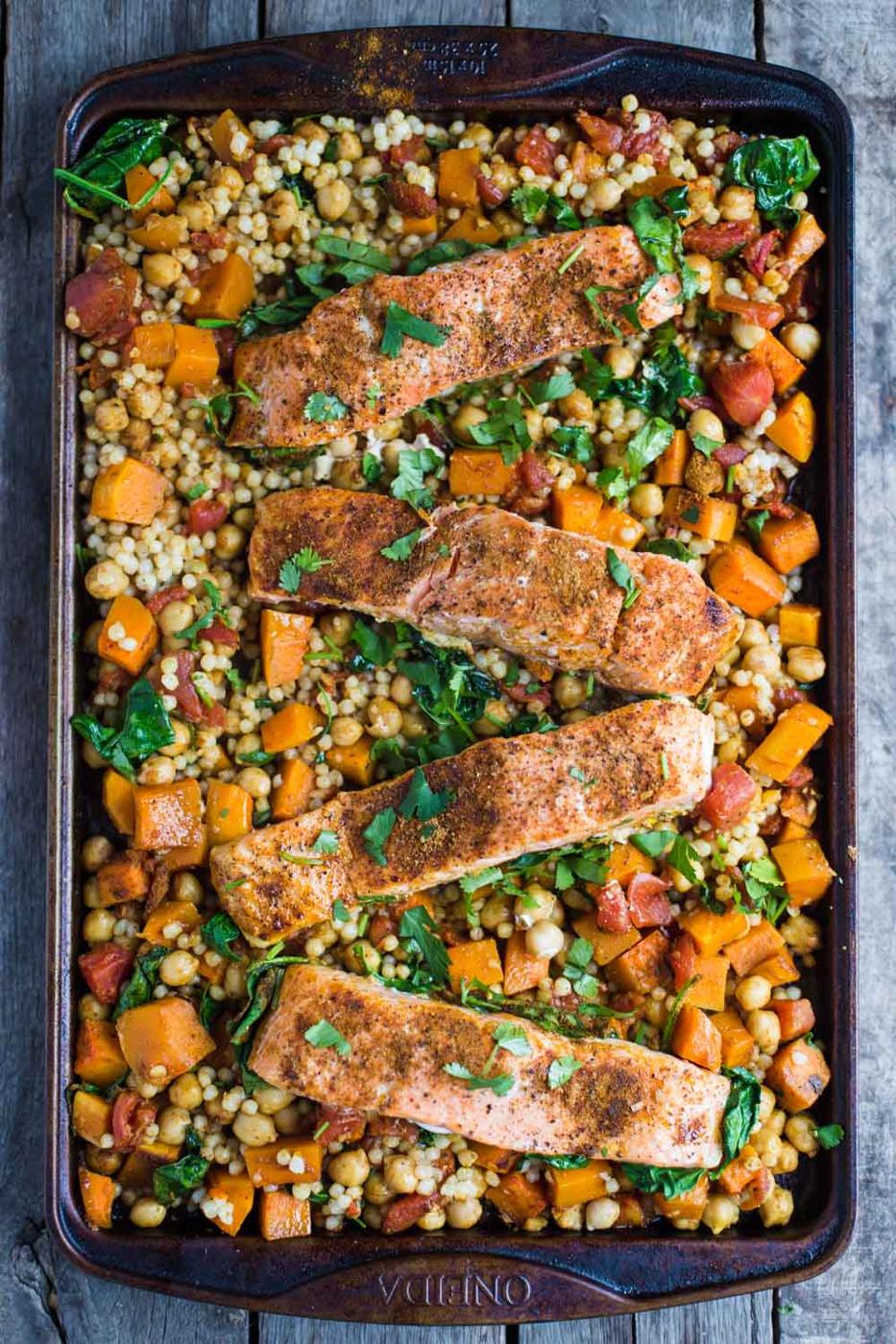 One Pan Salmon and Squash plus Couscous