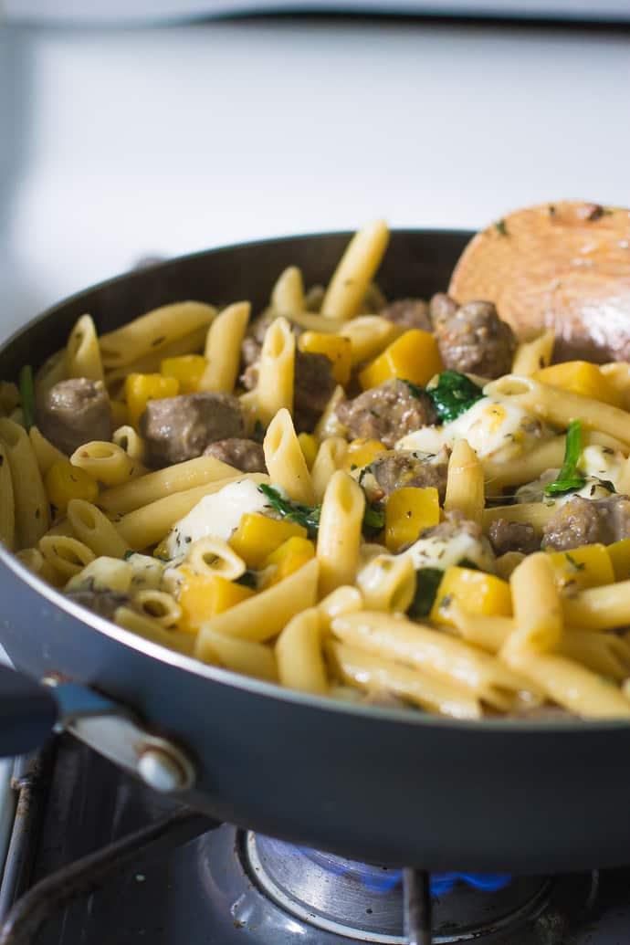 One Skillet Butternut Squash & Sausage Pasta for the Table