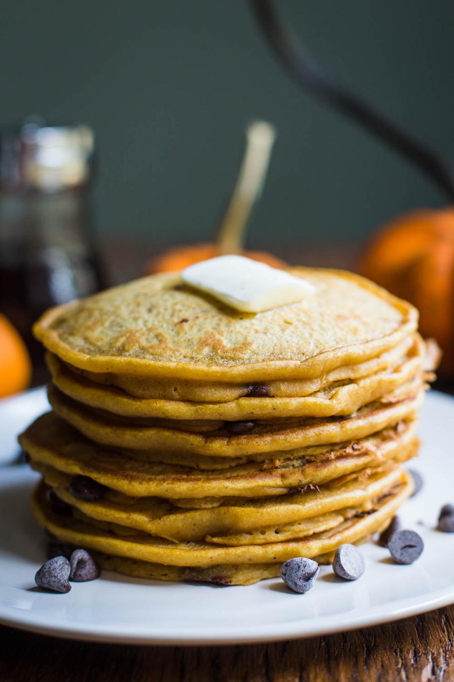 Pumpkin Spice Chocolate Chip Vegan Pancakes on the Stove