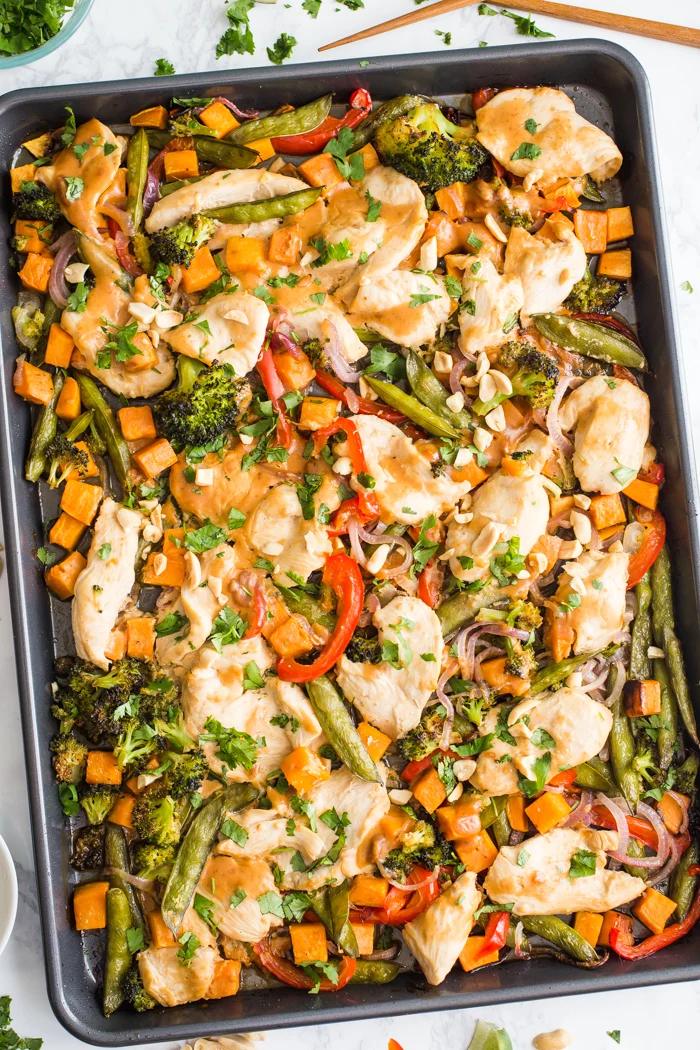Sheet Pan Peanut Chicken and Veggies on the Stove