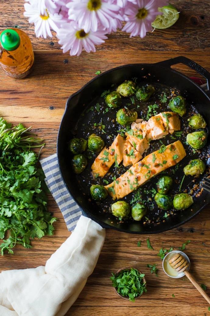 Sriracha & Lime Salmon w/ Garlic Roasted Brussel Sprouts at Home
