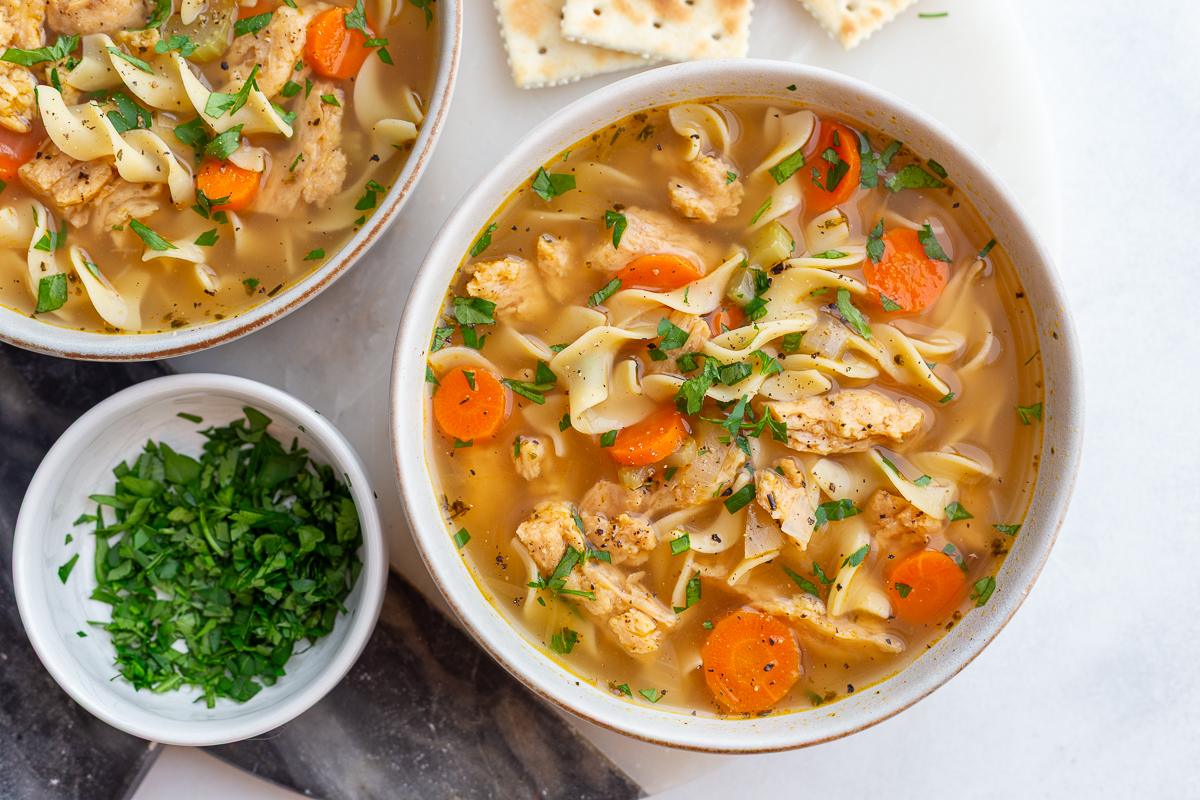 Vegetarian Chicken Noodle Soup (Straightforward + Vegan) for the Table