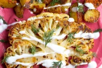 Seared Cauliflower Steaks with Vibrant Beet & Bean Puree