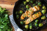 Sriracha-Lime Glazed Salmon with Roasted Garlic Brussels Sprouts