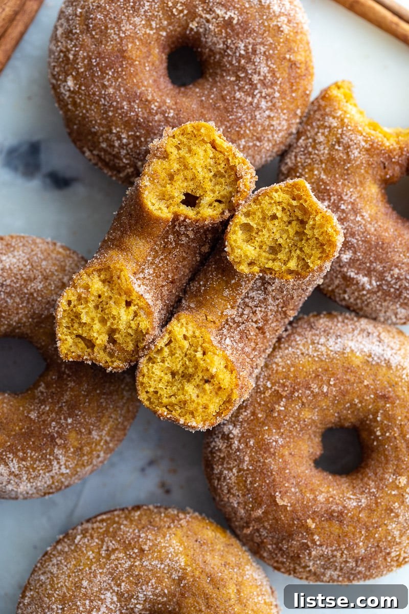 Spiced Pumpkin Donut Delights 2 Cinnamon sugar baked pumpkin donuts on a tray, one donut cut in half to show the soft interior.