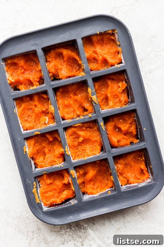 Pumpkin puree being added to an ice cube tray, preparing for freezing.