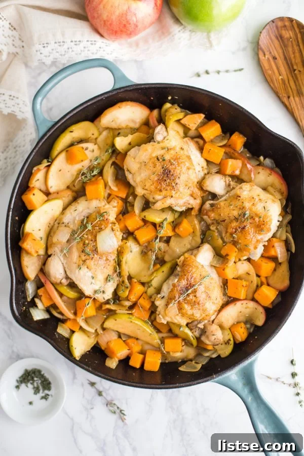 One Skillet Apple Cider Chicken - a family-friendly, flavorful autumn dish that's incredibly simple to make in a single pan.