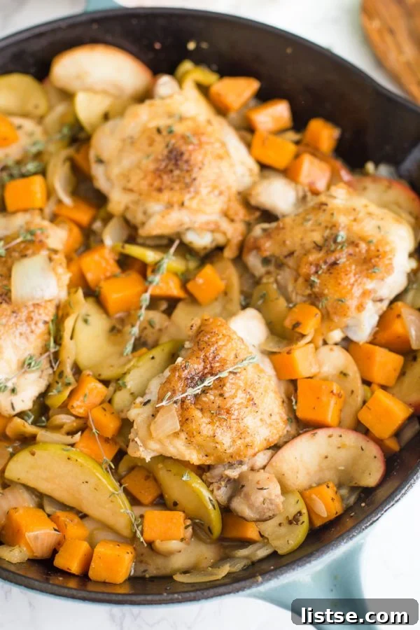 One Skillet Apple Cider Chicken: an incredibly flavorful and satisfying autumn meal that comes together quickly and easily in a single pan.