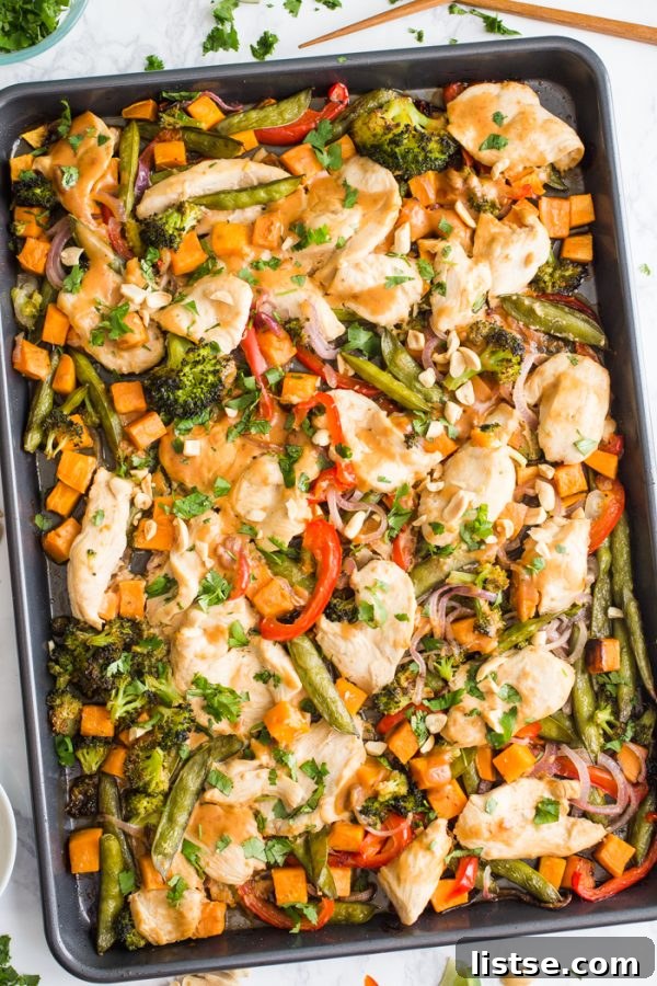 One-Pan Peanut Chicken & Veggie Bake 3 Close-up of Sheet Pan Peanut Chicken and Veggies showcasing tender chicken and colorful vegetables.