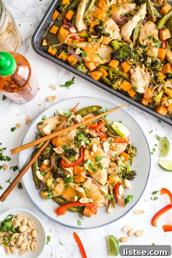 One-Pan Peanut Chicken & Veggie Bake 7 An overhead shot of the completed Sheet Pan Peanut Chicken and Veggies garnished with fresh cilantro and chopped peanuts.