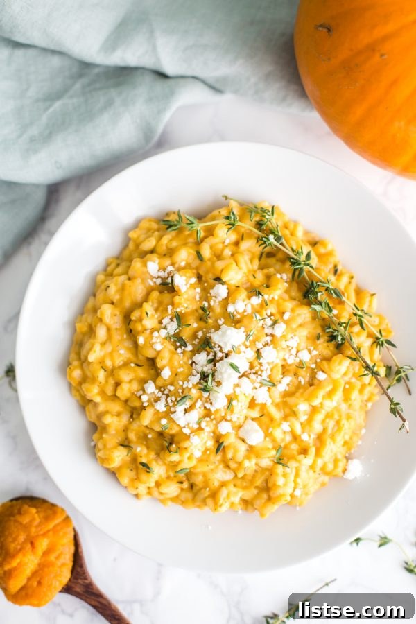 Delicious and healthy Pumpkin Goat Cheese Risotto ready for a fall dinner