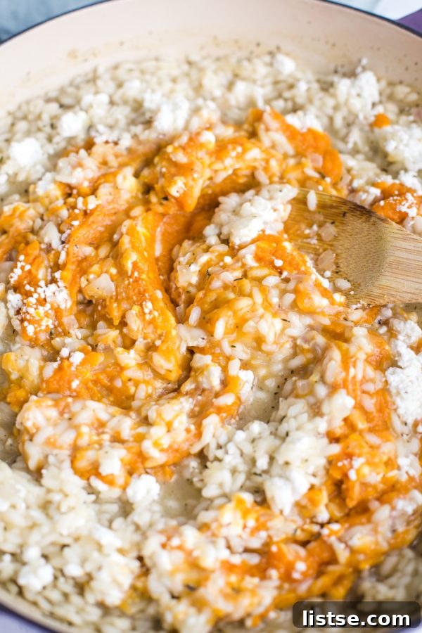 The perfect texture of Pumpkin Goat Cheese Risotto in a serving bowl