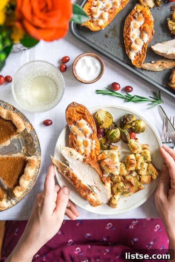 Close-up of a beautifully roasted sheet pan Thanksgiving meal for two.