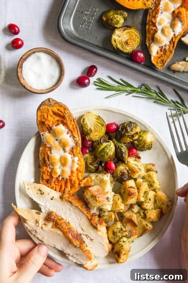 A complete and satisfying sheet pan Thanksgiving dinner, ready to serve.