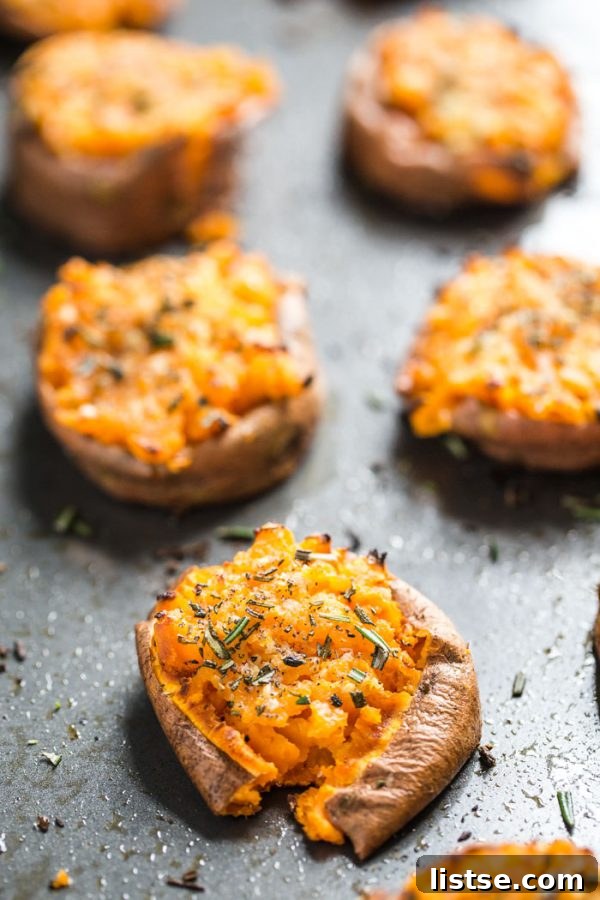 Sweet Potato Garlic Smash 6 Garlic Smashed Sweet Potatoes in a serving bowl