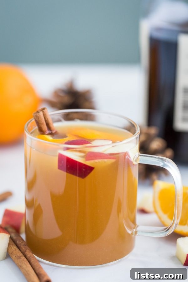 Warm mulled apple cider in a slow cooker, ready for serving at a party