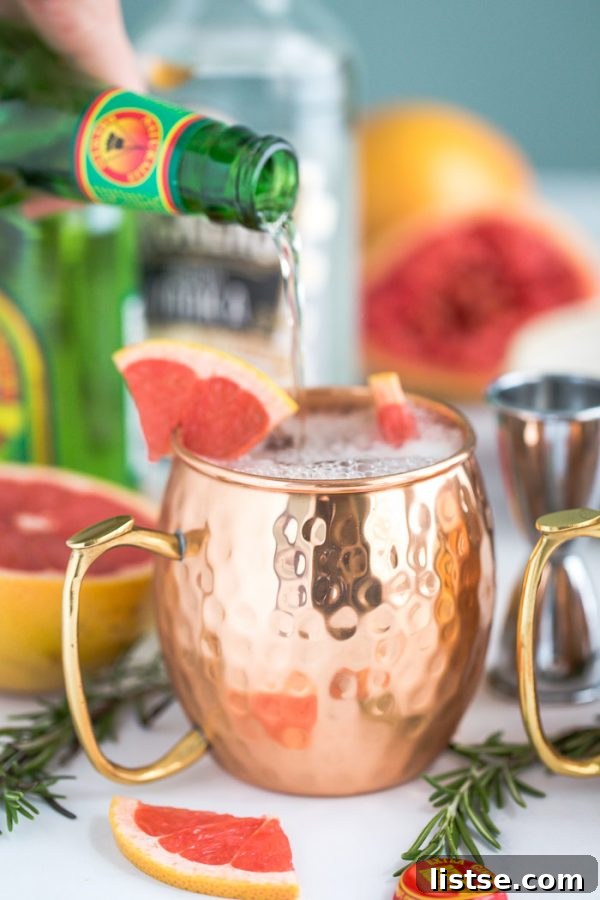 Close-up of a Grapefruit Moscow Mule in a copper mug