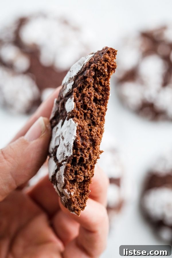 Close-up of freshly baked vegan chocolate crinkle cookies, showcasing their iconic crinkled surface and snowy powdered sugar.