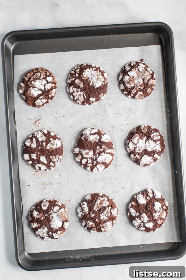 A festive plate stacked high with beautifully crinkled vegan chocolate cookies, ready for sharing during the holidays.