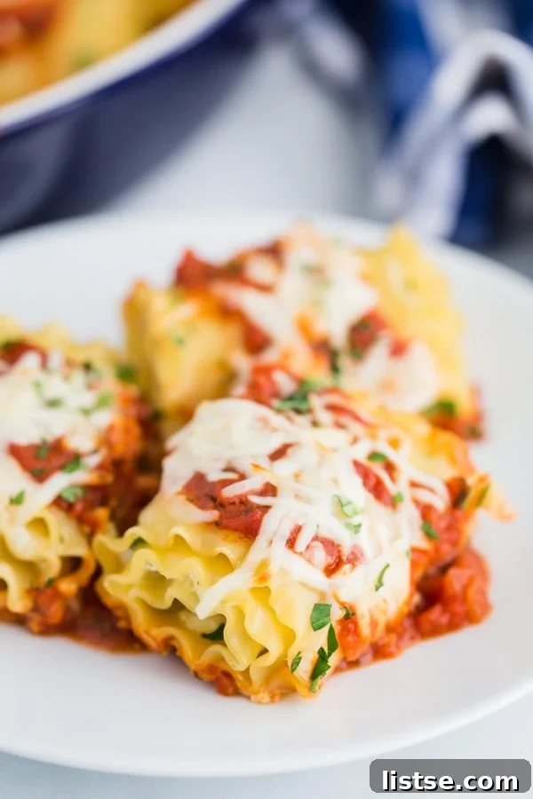 A plate of two lasagna roll ups with sauce