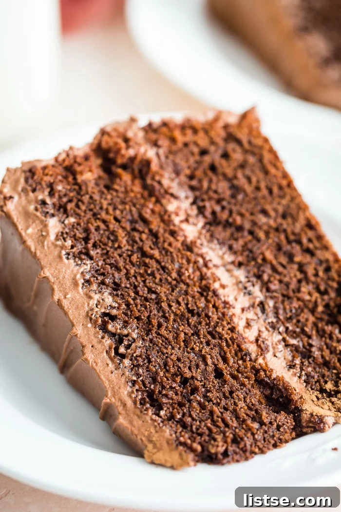 Velvet Vegan Chocolate Cake 3 Two generous slices of rich vegan chocolate cake on pristine white plates, highlighting the moist interior and luscious frosting.