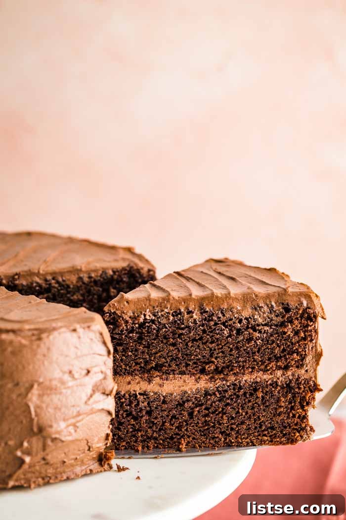 Velvet Vegan Chocolate Cake 6 A slice of moist vegan chocolate cake being carefully removed from the full cake, revealing its rich texture.
