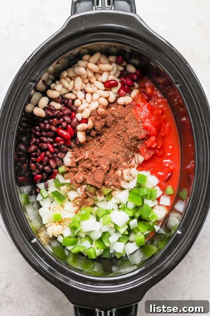 Hearty Slow Cooker Plant-Based Chili 6 add all vegan chili ingredients to a slow cooker for vegetarian chili crockpot