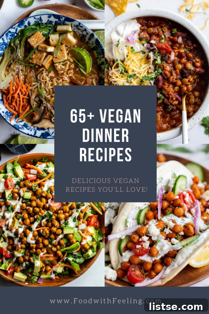 A collage of diverse vegan dinner recipes, showcasing colorful and appealing plant-based dishes.