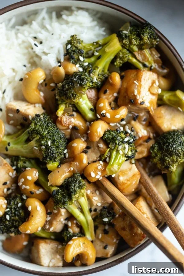 Cashew tofu stir-fry, presented beautifully in a serving bowl.