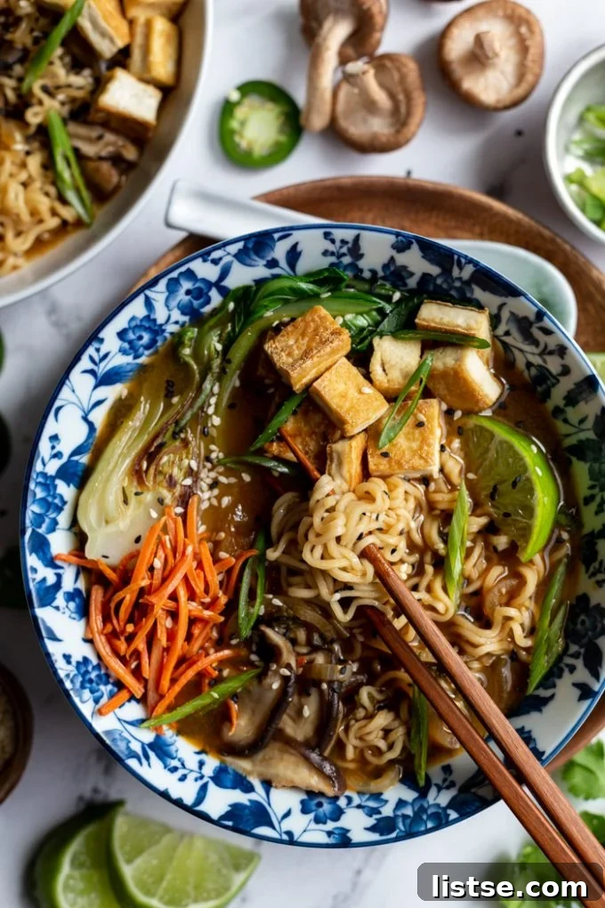 Vegan ramen served with chopsticks, a comforting and flavorful noodle soup.