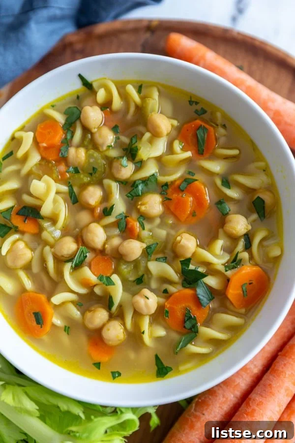 Chickpea noodle soup, a vegan twist on a classic comfort food.