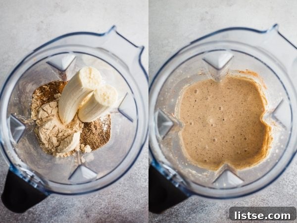 A collage of vegan protein pancakes, showing various angles and toppings.