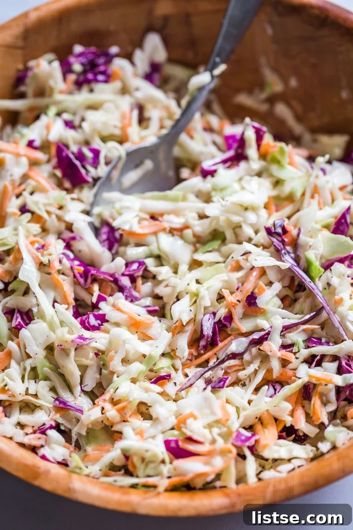 Effortless Creamy Vegan Coleslaw 3 A vibrant bowl of homemade vegan coleslaw, featuring shredded cabbage and carrots in a creamy, plant-based dressing.