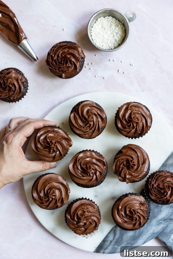 Close-up of fluffy vegan chocolate cupcakes freshly baked