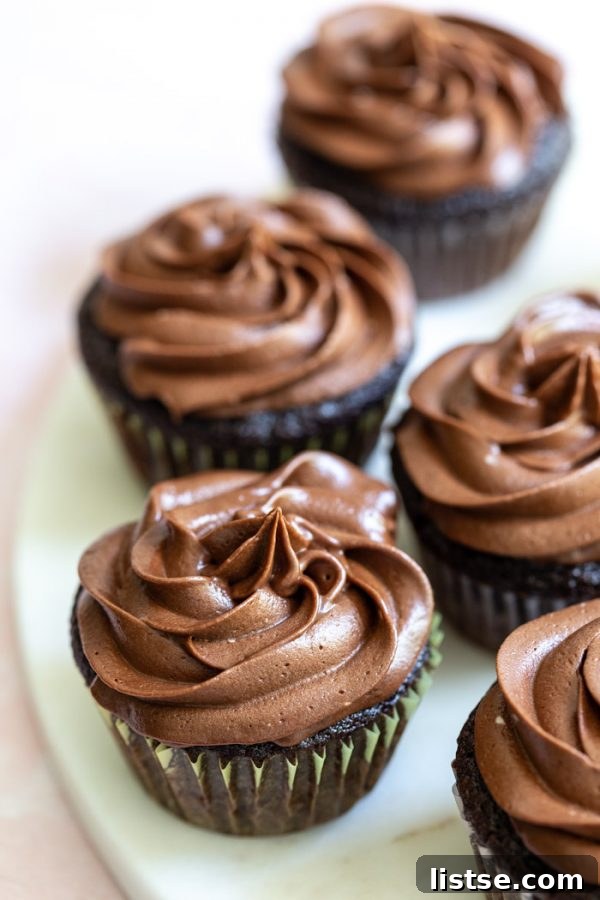 The best vegan chocolate cupcakes with smooth chocolate frosting on a tray