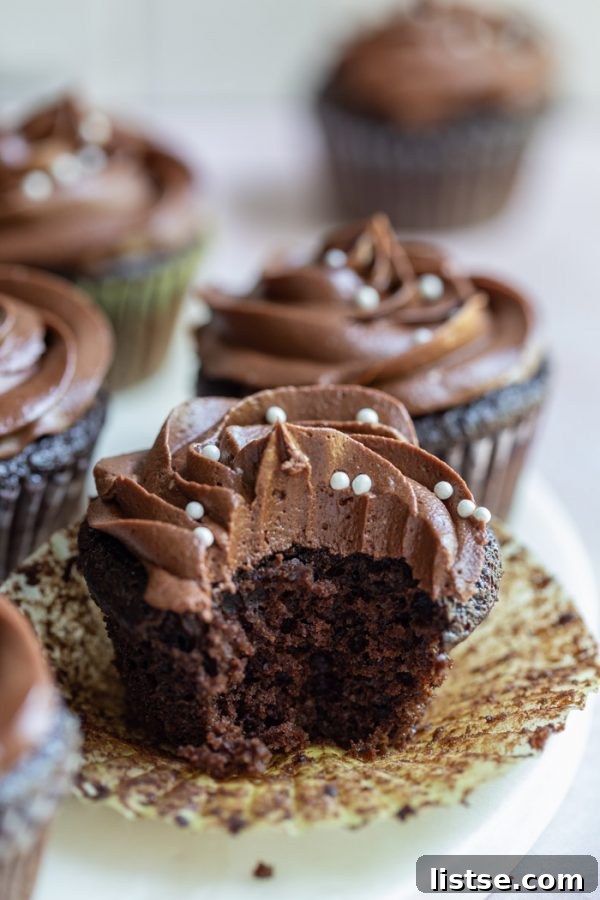 A single vegan chocolate cupcake frosted with rich buttercream