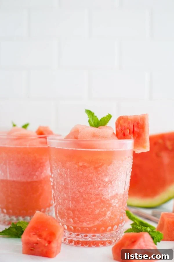 Chilled watermelon white wine slushie in a glass, a perfect adult summer drink