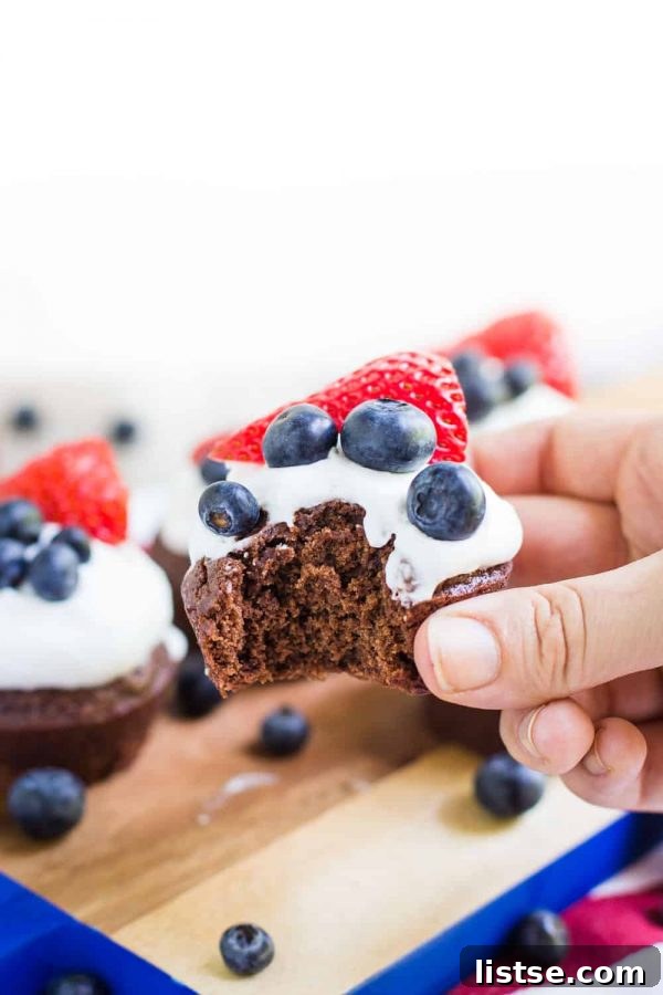 Red, white, and blue decorated vegan brownies for 4th of July