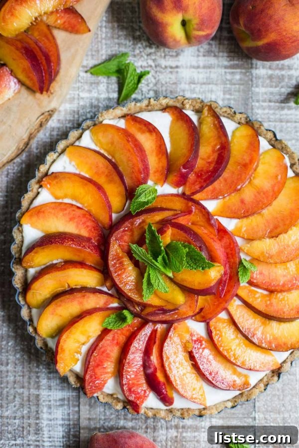 Delicious no-bake vegan peach pie with a golden crust