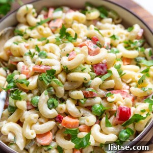 Macaroni pasta salad in a large bowl, ready to serve.
