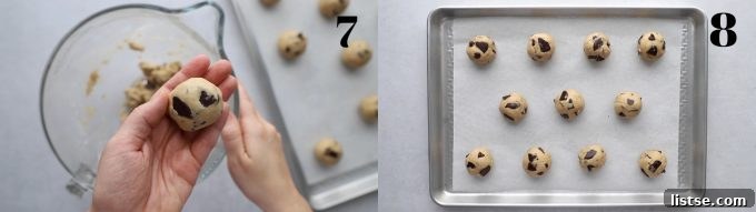 Decadent Vegan Chocolate Chip Cookies 11 side by side images. Left image: a ball of cookie dough being held in a hand. right image: many balls of chocolate chip cookie dough placed on a baking tray