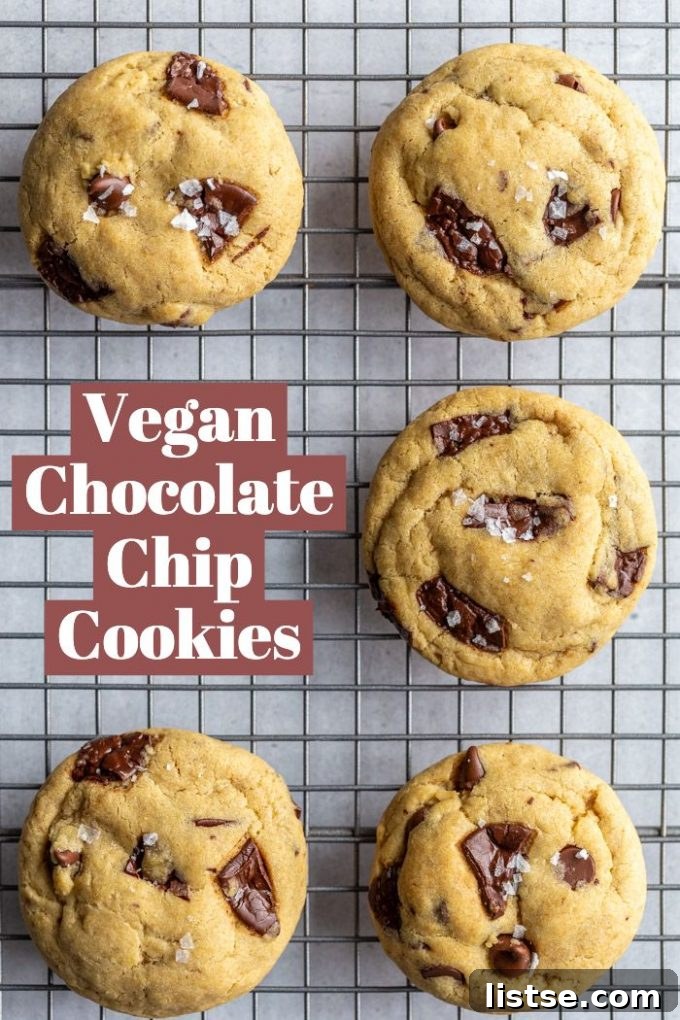 Decadent Vegan Chocolate Chip Cookies 13 chocolate chip cookies on a cooling rack with the text reading "vegan chocolate chip cookies"